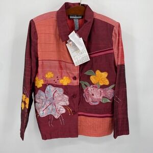 Indigo Moon Women's Size M Silk‎ Patchwork Floral Embroidered Button Down Shirt